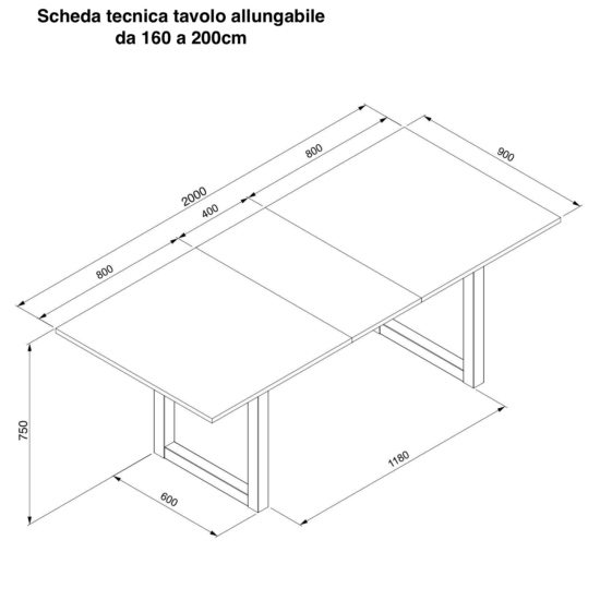Tavolo da pranzo estensibile da 160 a 200 cm struttura in legno e metallo  TV005