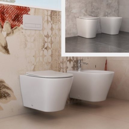 Pair of standard or one-piece floor-standing flush toilets and soft-close  toilet seat covers Misano model